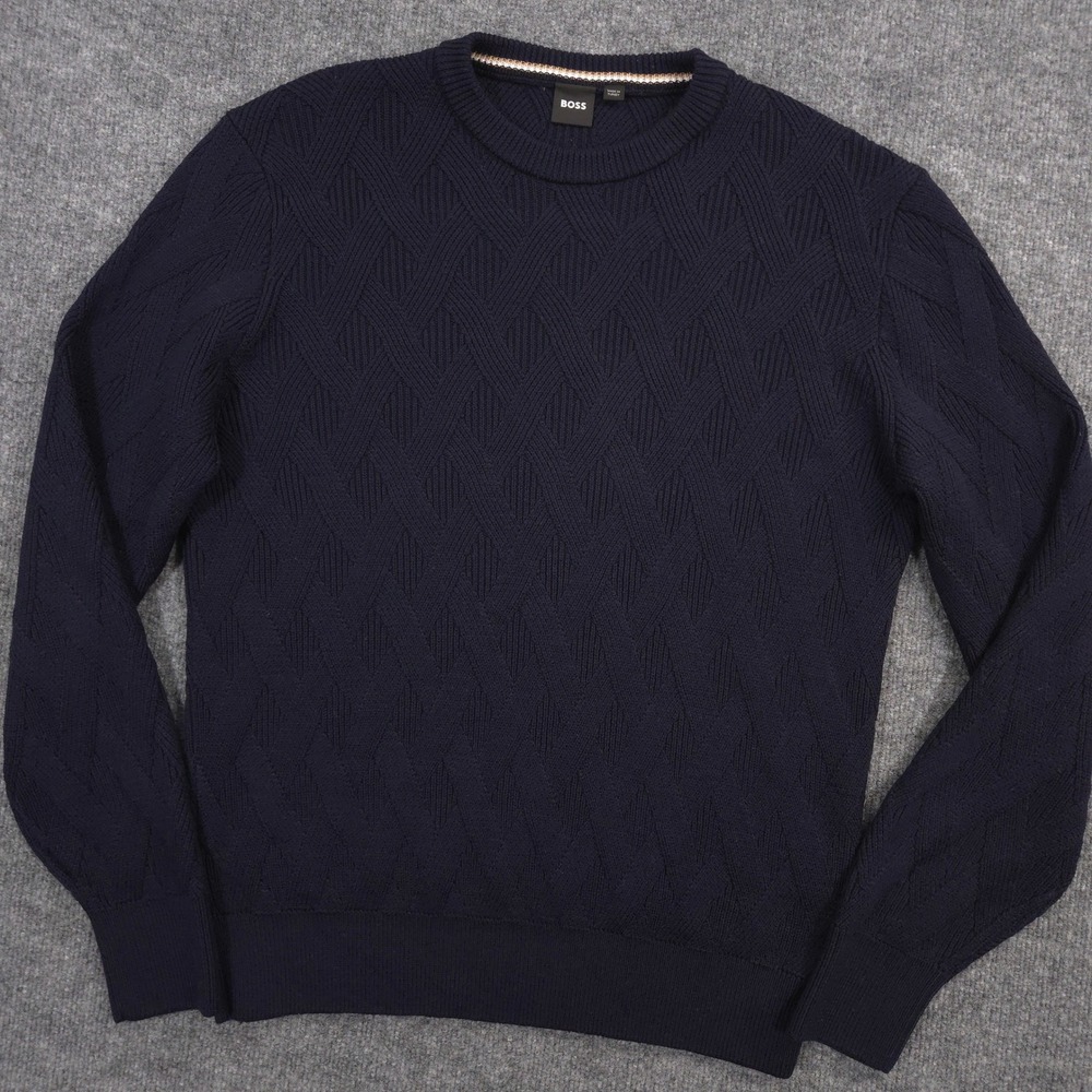 Hugo Boss Sweater Mens M Navy Elfredo Wool Cable Knit Crewneck Jumper Preppy